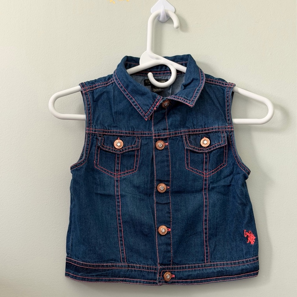 U.S. Polo Assn. Dark Blue Denim Girls' Sleeveless Jacket with Pink Stitching